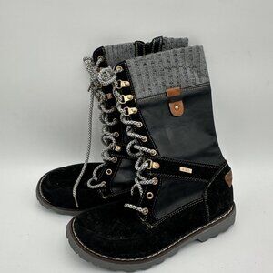 Black Grey Leather Knit Ankle Combat Boots Womens Lace Up Winter Footwear
